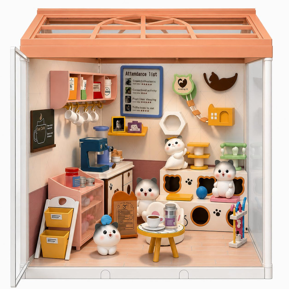 Load image into Gallery viewer, Cat Cafe Miniature Kit | Cute Mini DIY Dollhouse with LED Light