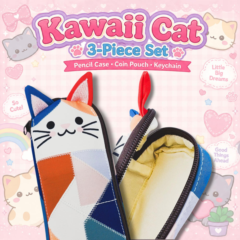 Load image into Gallery viewer, Cat Pencil Case Set | 3 Piece Kawaii Kitty Pouch Set with Coin Purse & Keychain