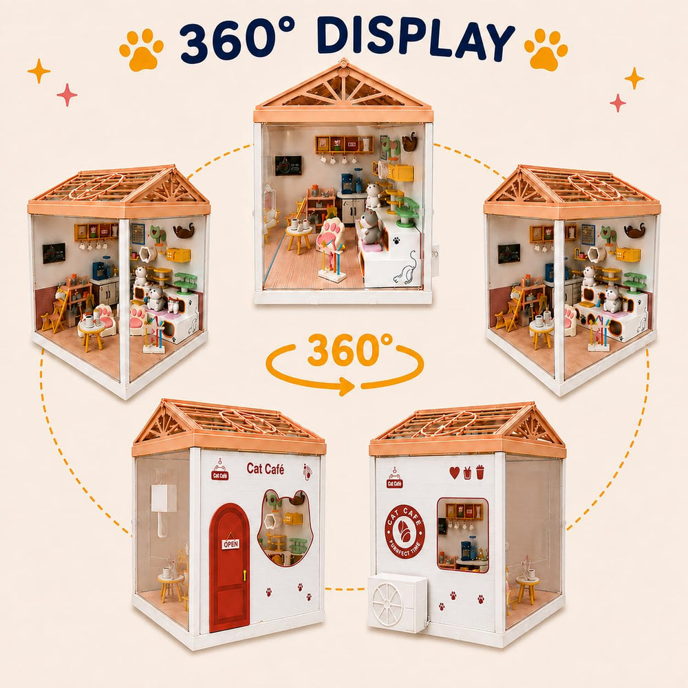 Load image into Gallery viewer, Cat Cafe Miniature Kit | Cute Mini DIY Dollhouse with LED Light